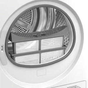 Beko 12kg white heat pump sensor dryer showing open circular door with stainless steel drum and perforated interior viewed from front