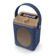 Majority Little Shelford portable DAB radio with Bluetooth in navy blue and rose gold featuring a fabric speaker grille, digital display, control buttons and carrying handle