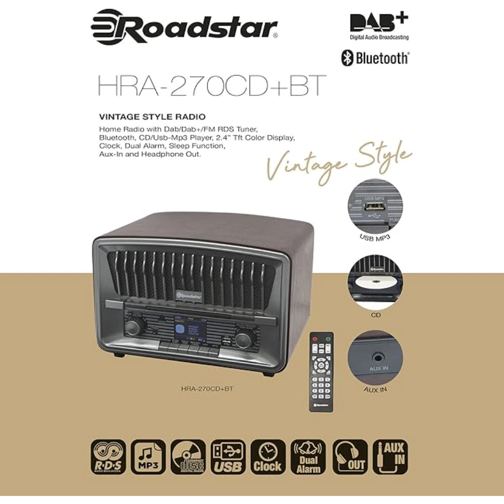 Roadstar Portable CD Vintage Radio with Bluetooth | ROAHRA-270CDBT