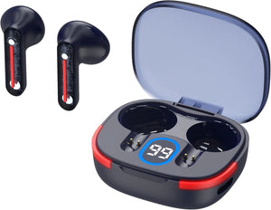 Red Bull Racing true wireless noise-cancelling earbuds in black with red accents, shown as individual earpieces with red stripe detail and charging case with blue LED display and translucent lid