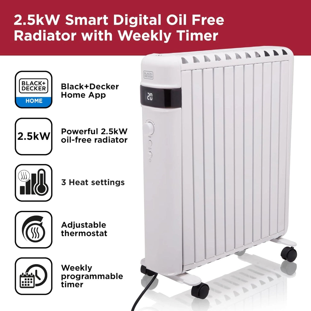 Black & Decker Smart Digital Oil Free Radiator 2.5kW - White | BXRA43017GB