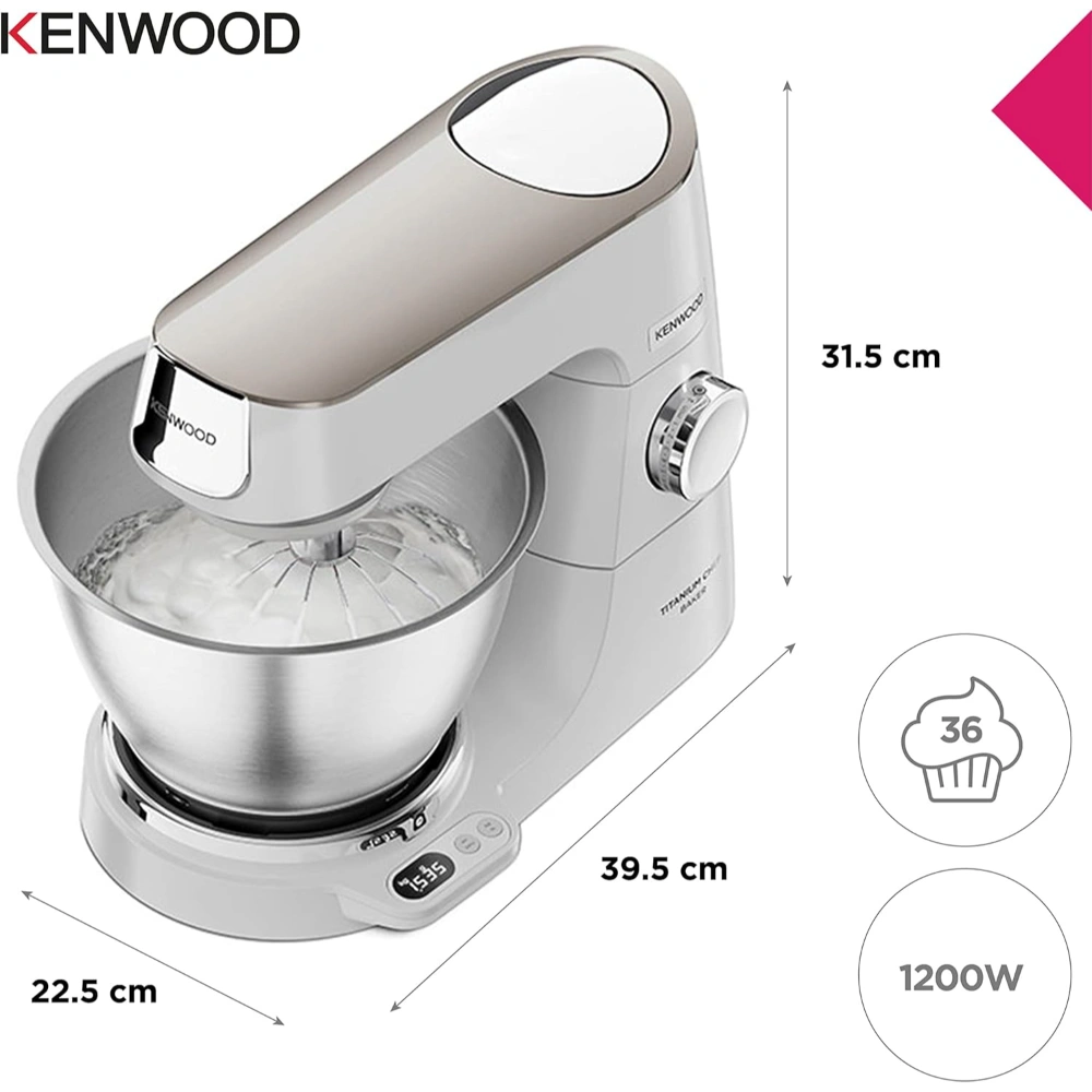 Kenwood Titanium Chef Baker Stand Mixer 1200W - White | KVC65.001WH