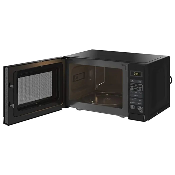 Black microwave oven with open door on a white background