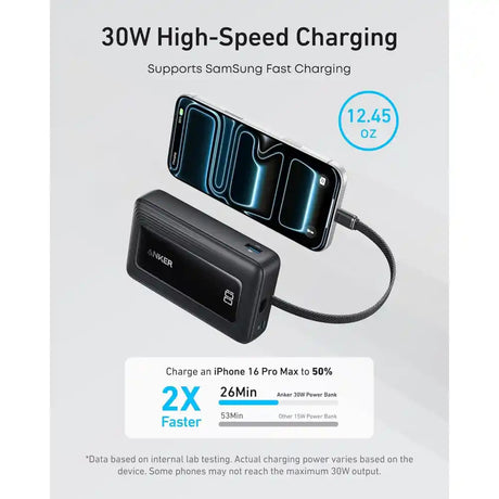 Anker Zolo Power Bank 10,000mAh 30Wwith Built In USB-C and Lightning Cable - Black | A110DH11