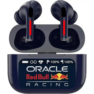 Red Bull Racing Oracle touch screen earbuds with noise cancelling in dark blue with red accents, shown with matching charging case displaying 100% battery indicators