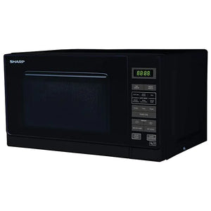 Black Sharp microwave oven on a white background