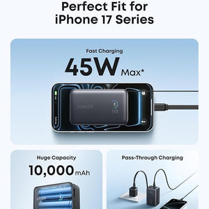 Anker Nano Power Bank 10000mAh 45W USB-C charger displayed in black with iPhone 17 Series compatibility, showing fast charging capability, huge capacity battery cells, and pass-through charging features in product infographic layout