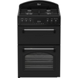 Black Leisure Classic 60cm gas cooker with dual cavity ovens, four gas burners, digital display and stainless steel handles
