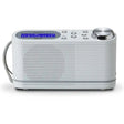 Roberts PLAY10 DAB FM portable digital radio in white with blue LCD display, chrome volume knob, control buttons and carrying handle