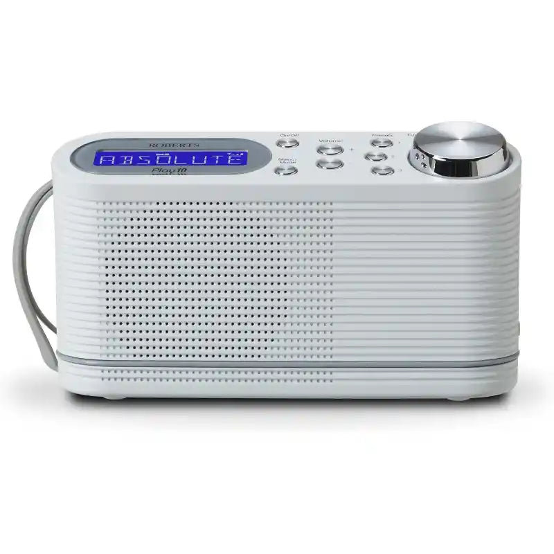 Roberts PLAY10 DAB FM portable digital radio in white with blue LCD display, chrome volume knob, control buttons and carrying handle