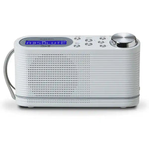 Roberts PLAY10 DAB FM portable digital radio in white with blue LCD display, chrome volume knob, control buttons and carrying handle