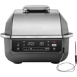 Ninja EG351UK 5-in-1 Grill and Air Fryer with stainless steel lid and black base, featuring digital display showing temperature and time settings, control buttons for grill, air fry, roast, bake and dehydrate functions, includes temperature probe with cord