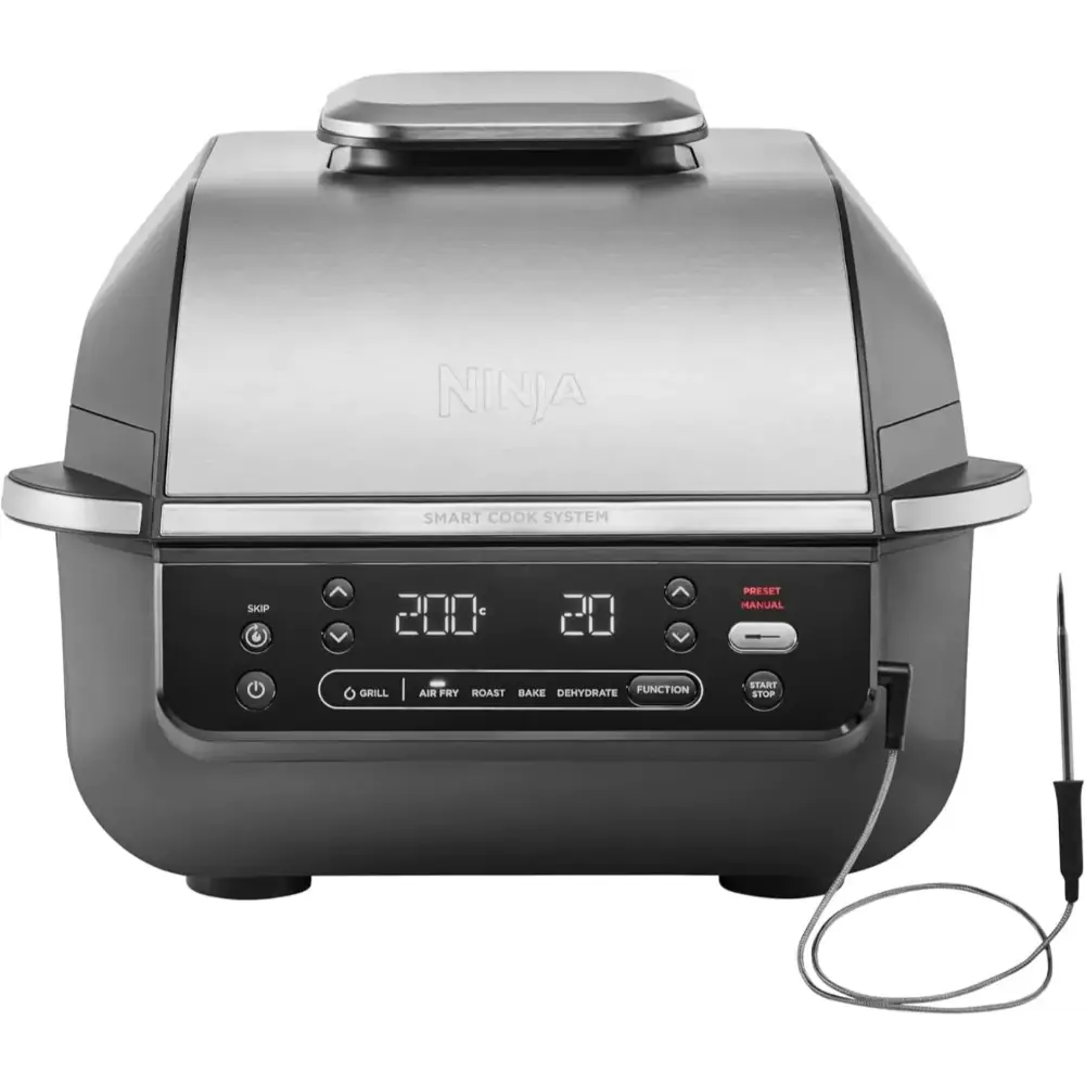 Ninja EG351UK 5-in-1 Grill and Air Fryer with stainless steel lid and black base, featuring digital display showing temperature and time settings, control buttons for grill, air fry, roast, bake and dehydrate functions, includes temperature probe with cord