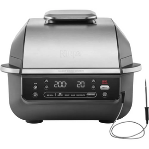 Ninja EG351UK 5-in-1 Grill and Air Fryer with stainless steel lid and black base, featuring digital display showing temperature and time settings, control buttons for grill, air fry, roast, bake and dehydrate functions, includes temperature probe with cord