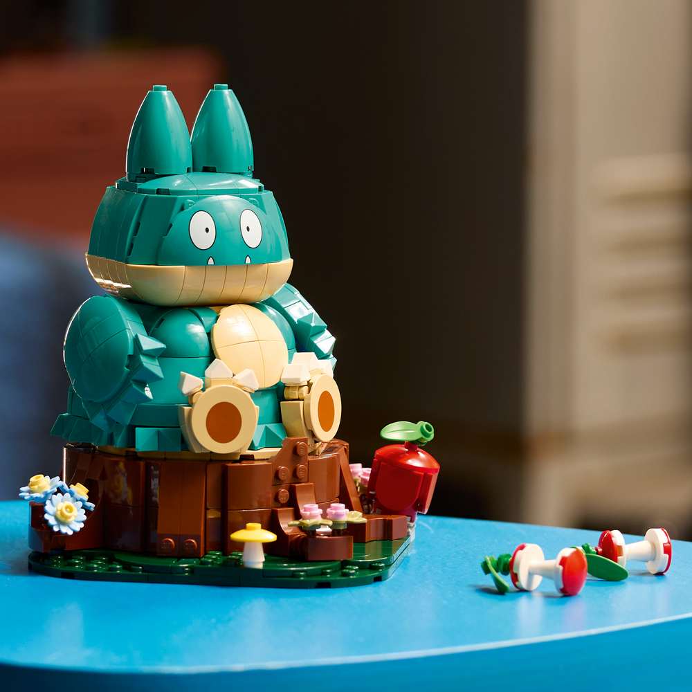 LEGO Pokémon Munchlax 72150 - the finished build shown in a home setting. 757 pieces. Ages 18+.