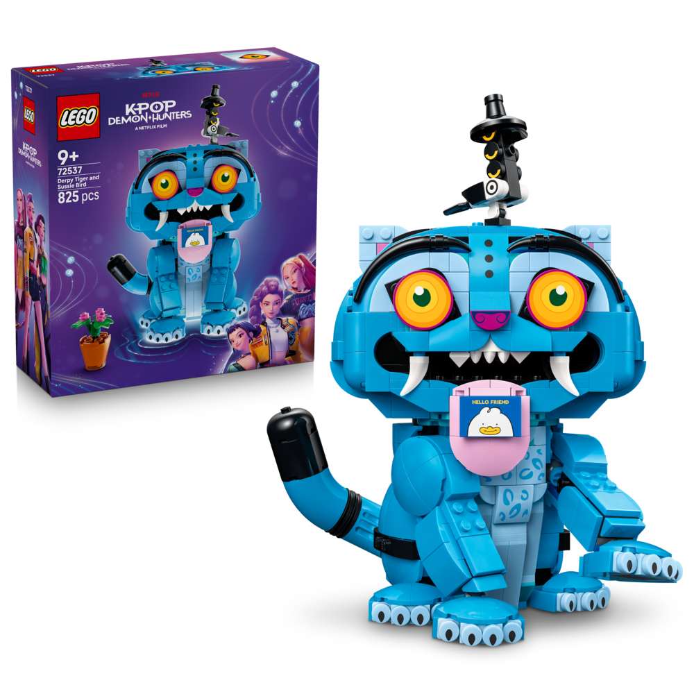 LEGO KPop Demon Hunters Derpy Tiger and Sussie Bird 72537 - shown with its product box. 825 pieces. Ages 9+.