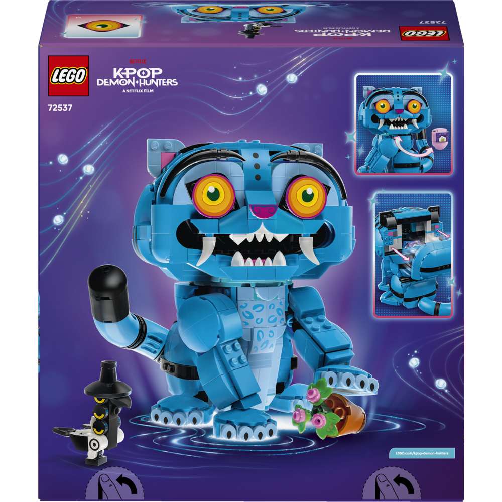 LEGO KPop Demon Hunters Derpy Tiger and Sussie Bird 72537 - the back of the box showing play features and box contents. 825 pieces. Ages 9+.