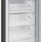 Beko 192cm tall frost free combi fridge freezer with water dispenser in anthracite grey featuring open refrigerator compartment displaying white shelves and storage areas