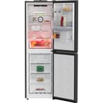 Beko 192cm tall anthracite 50/50 frost free combi fridge freezer with water dispenser showing open doors displaying shelving and storage compartments