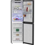 Beko anthracite frost free combi fridge freezer with water dispenser, 192cm height, 50/50 split design, featuring open door view displaying shelves and storage compartments