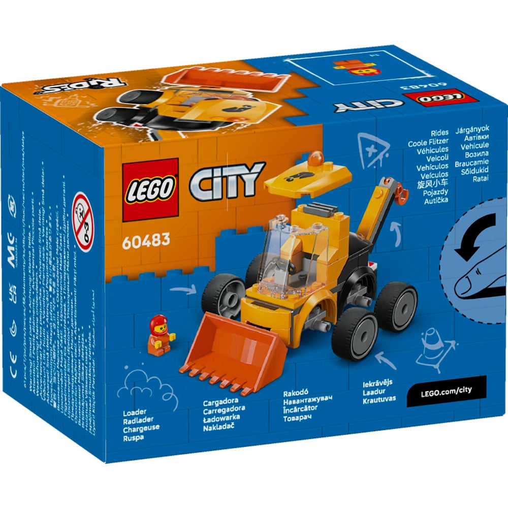 LEGO City Construction Loader set 60483 box displaying yellow and orange buildable construction vehicle with front loader bucket and black wheels, includes minifigure, shown against blue and orange packaging with product details