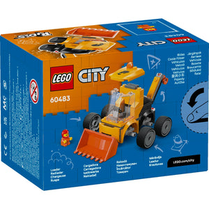LEGO City Construction Loader set 60483 box displaying yellow and orange buildable construction vehicle with front loader bucket and black wheels, includes minifigure, shown against blue and orange packaging with product details