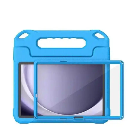 Blue protective kids tablet case for Samsung Galaxy Tab A11 Plus with carry handle, shock-absorbent rubber bumpers, and built-in screen protector