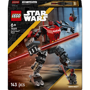 LEGO Star Wars Darth Maul Mech set 75411 featuring red and black buildable mech suit with lightsaber, minifigure, and 143 pieces on black packaging with product details