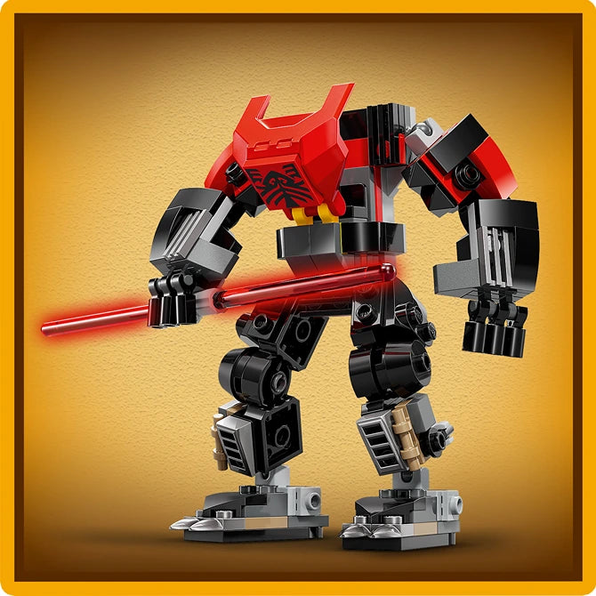 LEGO Darth Maul Mech 75411 buildable robot figure featuring red and black color scheme with articulated limbs, red lightsaber accessory, and mechanical joint details against golden yellow background