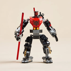 LEGO Darth Maul Mech 75411 buildable figure with red and black color scheme, featuring red torso with Sith symbol, black legs and arms, holding red lightsaber staff, displayed against neutral background