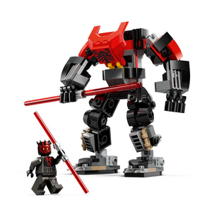 LEGO Darth Maul Mech 75411 set featuring a large red and black buildable mech suit with articulated limbs, red lightsaber staff, alongside a minifigure of Darth Maul with horned head and lightsaber