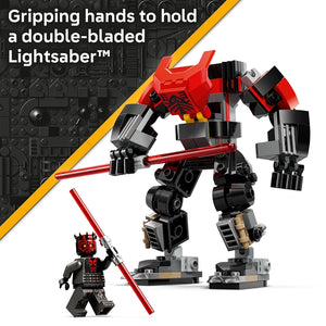LEGO Darth Maul Mech 75411 set featuring a red and black buildable mech robot with double-bladed lightsaber, alongside a minifigure of Darth Maul with separate red lightsaber, displayed against a dark textured background with yellow accent stripe