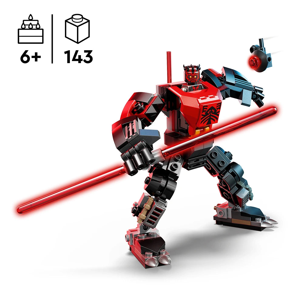 LEGO Darth Maul Mech 75411 buildable red and black robot figure with lightsaber, featuring 143 pieces, recommended age 6 plus, includes detachable blue spacecraft accessory