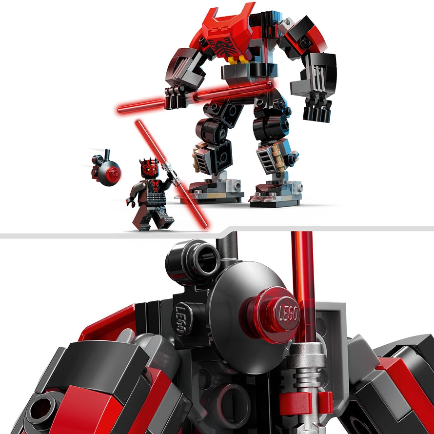 LEGO Darth Maul Mech 75411 set featuring a large red and black mechanical robot with articulated limbs, a red lightsaber, alongside a minifigure of Darth Maul with horned head and red lightsaber, plus a spherical droid component shown in detail view below
