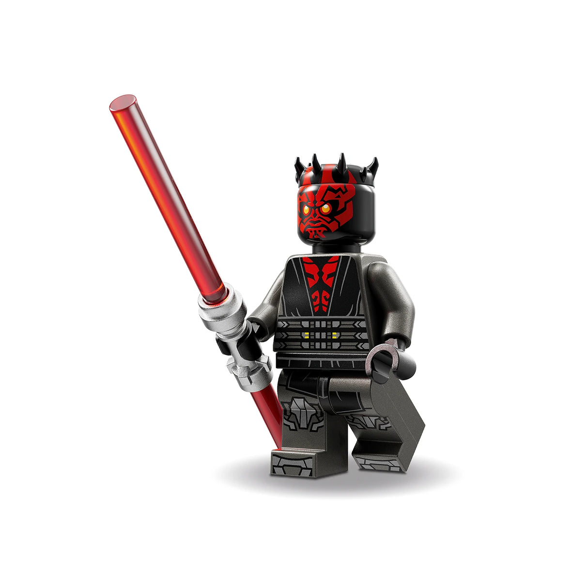LEGO Darth Maul minifigure in black armor with red and black horned head, holding a red lightsaber, standing against white background