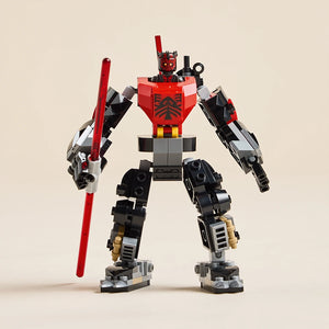 LEGO Darth Maul Mech 75411 buildable robot figure with red and black color scheme, featuring red horned head, red chest plate with black symbol, black limbs with white and tan accents, holding red lightsaber staff, displayed against neutral beige background