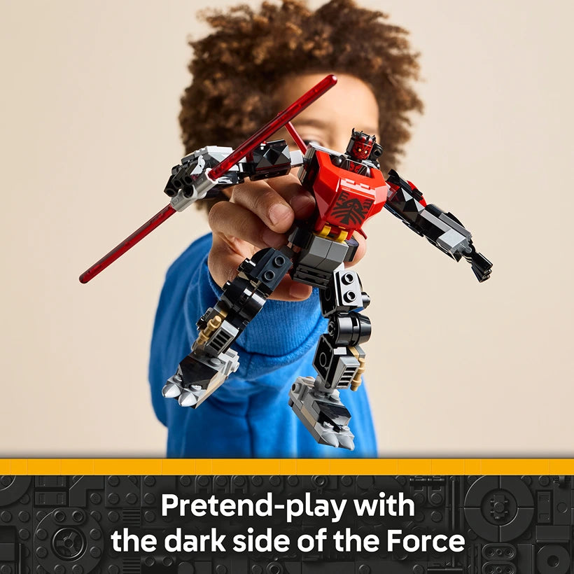 Child in blue shirt holding red and black LEGO Darth Maul mech figure with lightsaber against beige background, product image for LEGO set 75411