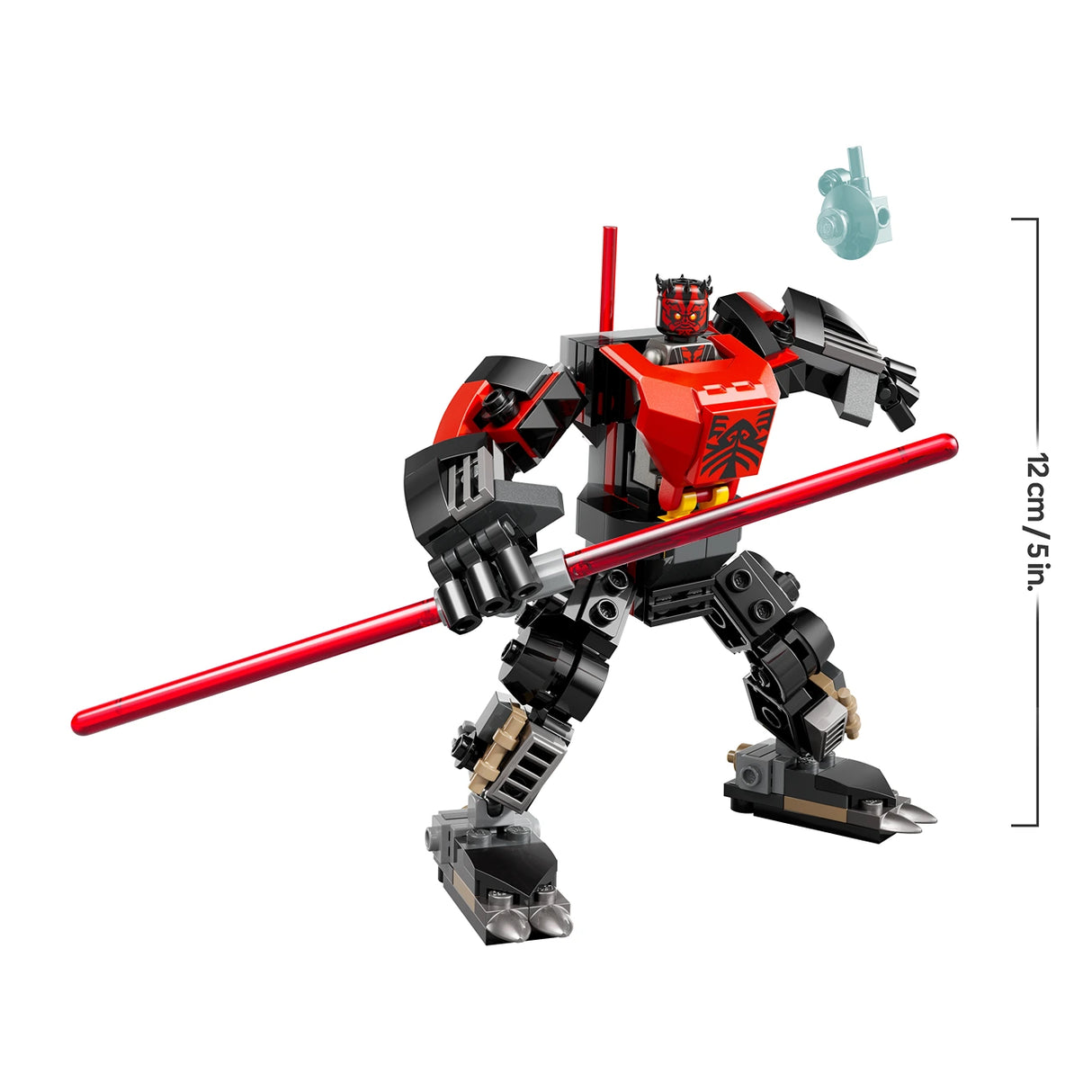 LEGO Darth Maul Mech 75411 red and black buildable robot figure with dual lightsaber staff and detachable starfighter, 12cm tall collectible set