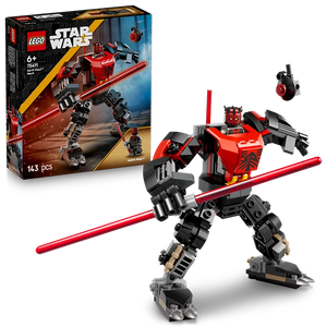 LEGO Star Wars Darth Maul Mech 75411 building set featuring red and black mechanical robot with lightsaber, 143 pieces, displayed with original box packaging and minifigure drone
