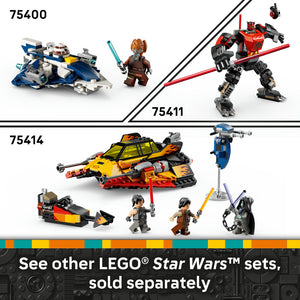 LEGO Star Wars set comparison image showing three buildable models: set 75400 blue and white Snowspeeder with brown minifigure, set 75411 red and black robot figure with flying drone, and set 75414 yellow and orange spacecraft with multiple minifigures including Jedi and Sith characters with lightsabers