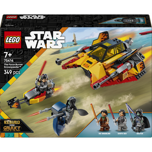 LEGO Star Wars 75414 The Force Burner Snowspeeder set box featuring yellow and red spacecraft, three minifigures including Darth Dev and Solitius, 349 pieces, age 7+