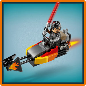 LEGO Star Wars Kylo Ren minifigure with red lightsaber piloting a black red and yellow Force Burner Speeder vehicle against blue background