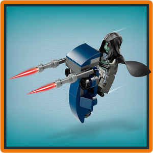 LEGO Star Wars General Grievous minifigure with blue and gray starfighter vehicle equipped with dual red laser cannons against turquoise background in orange frame