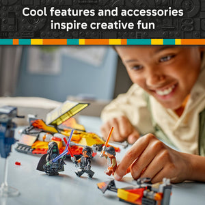 Child playing with LEGO Star Wars minifigures including Darth Vader and character with orange lightsaber, with colorful LEGO bricks and yellow and red spacecraft visible on table, demonstrating creative building and imaginative play