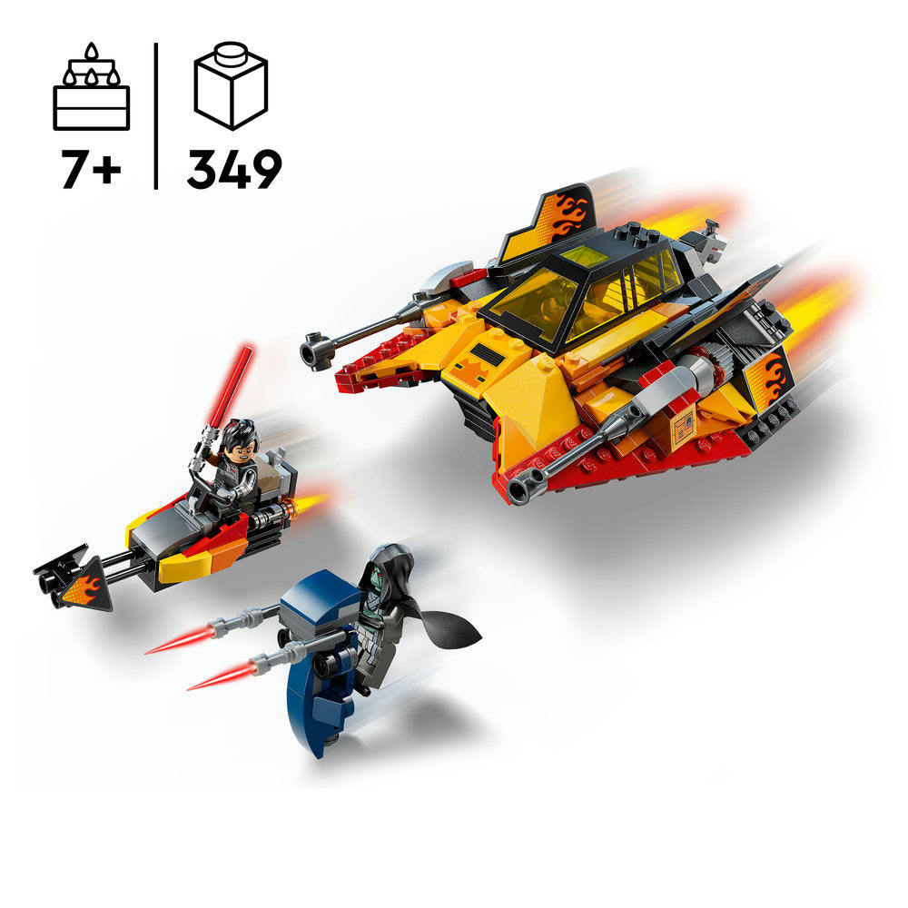 LEGO Star Wars 75414 The Force Burner Snowspeeder set with 349 pieces featuring yellow and red spacecraft with flame details, minifigures with lightsabers, and blue speeder bike, recommended for ages 7 and up