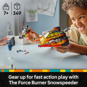 Child playing with LEGO Force Burner Snowspeeder 75414 set featuring orange and yellow buildable spacecraft with minifigures, 349 pieces, ages 7 and up