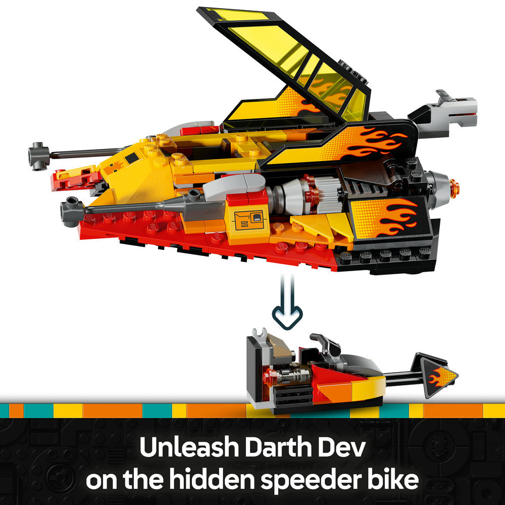 LEGO The Force Burner Snowspeeder 75414 yellow orange and red brick construction set with opening cockpit canopy and detachable speeder bike featuring black flame designs