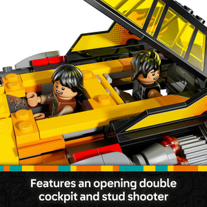LEGO The Force Burner Snowspeeder 75414 yellow and black brick vehicle with opening double cockpit containing two minifigures with black hair, red and silver engine details visible