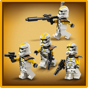 LEGO Star Wars 75431 327th Star Corps Clone Troopers minifigures set featuring five white and yellow clone trooper characters with black weapons on yellow background