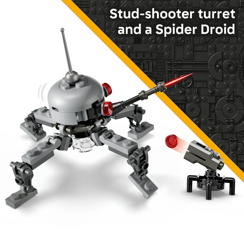 LEGO Star Wars 75431 set featuring a grey and white droid with rotating turret and red accents alongside a black Spider Droid with red lens, displayed against dark baseplate background